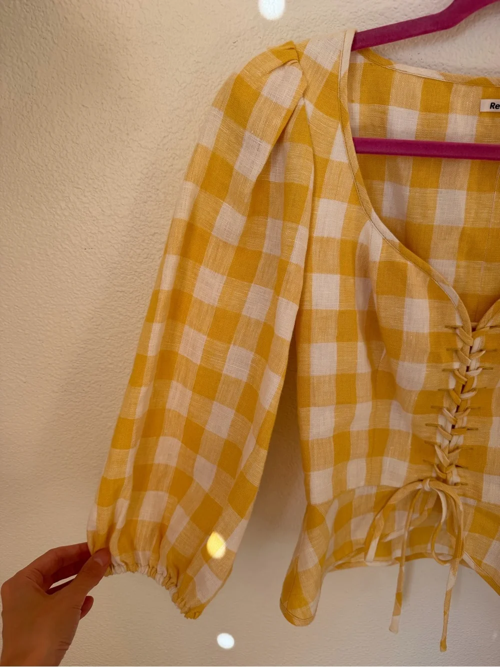 Reformation Yellow and White Gingham Lace-Up Peasant Top
